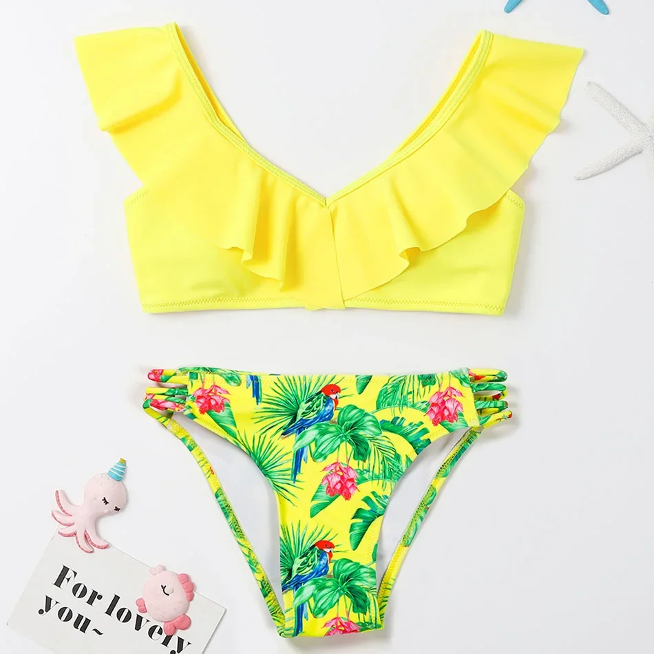 Tropical Floral Girl Swimsuit Kids Ruffle Bikini Set 7-14 Years Two Piece Children's Swimwear Padded Bathing Suit 2022 Beach