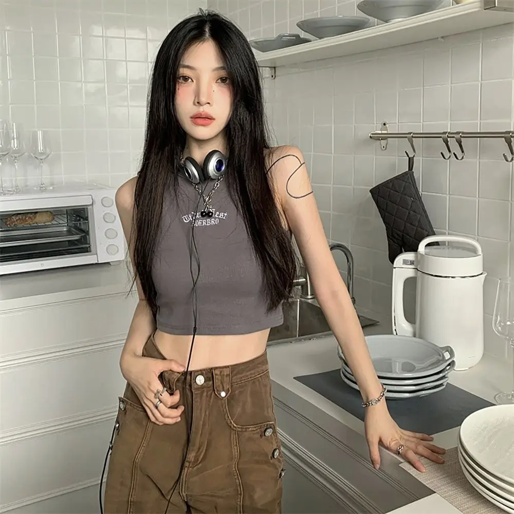Simple Microelastic Sleeveless Blouse Slim Version S M L Embroidery Sling Sports Vest Girls Women
