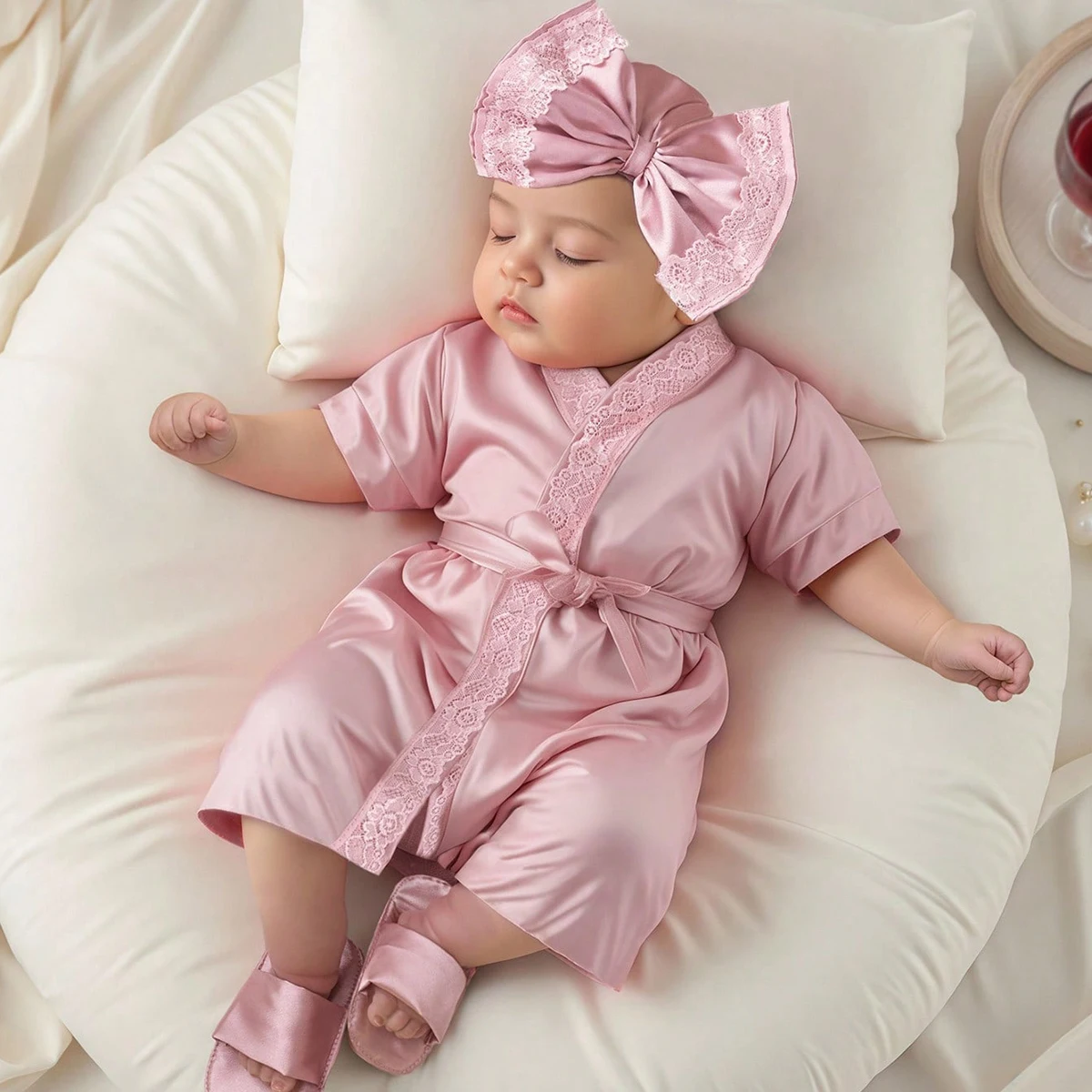 Ylsteed 신생아 사진 복장 세트 1 개월 100 일 아기 소녀 레이스 목욕 가운과 활 터번 모자와 슬리퍼 사진 소품