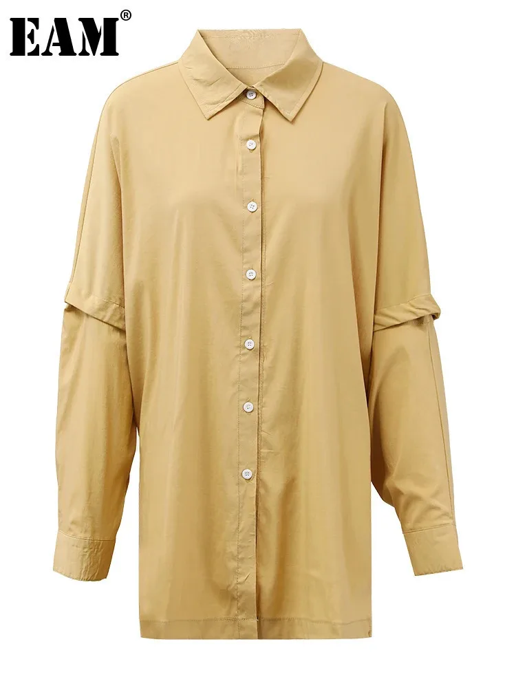 EAM-Blusa destacável de manga comprida de lapela feminina, tamanho grande, botão amarelo, moda casual, camisa de maré, primavera, outono, novo, 2024, CPG2139