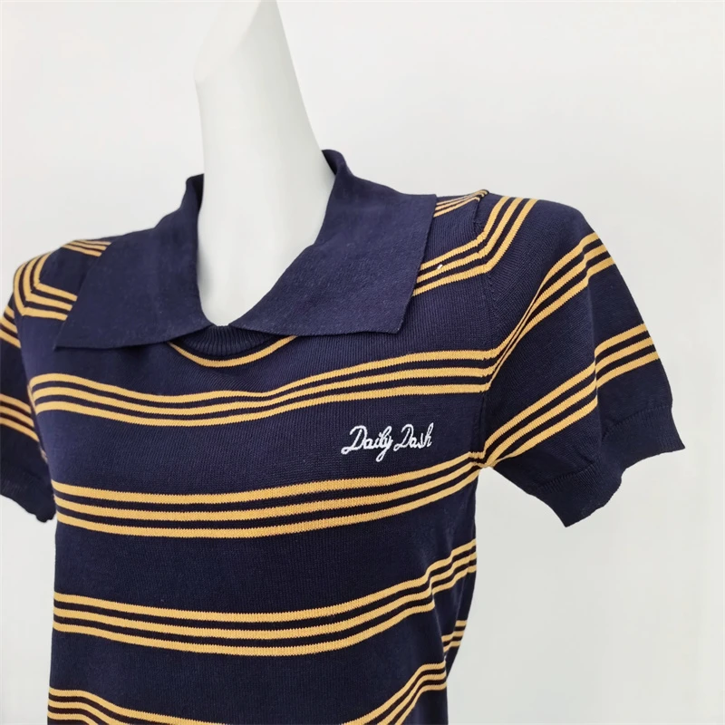 2025 verão listrado camisola camisetas femininas letras bordadas manga curta malhas camisetas elegantes moda senhoras jumpers