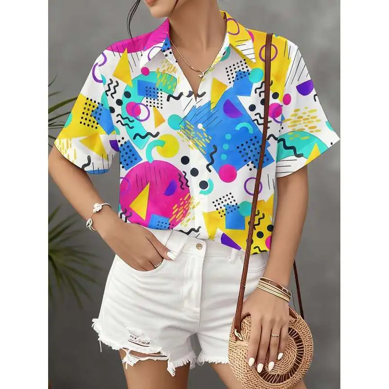 Women's Casual Short Sleeve Shirt Memphis Style Color Block Geometric All Over Print Button Up Top Machine Washable Fashionable