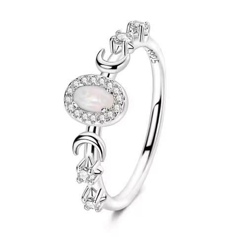 Original 925 Sterling Silver Sparkling Stars Moon Opal Ring For Women Girls Jewelry Birthday Anniversary Gifts