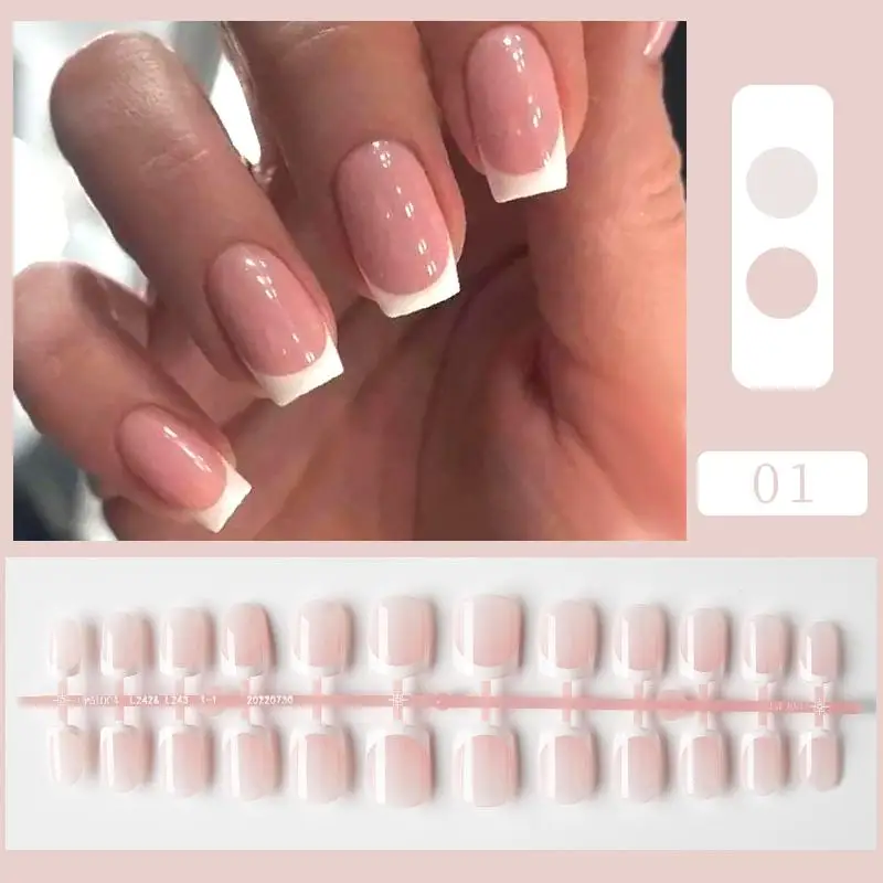 24Pcs Fashion French Style False Nails With Jelly Nail Glue Simple Removable Wearable Nature Artificial Press On Nail Tip Supply