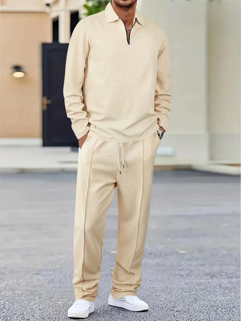 

New Spring And Autumn Fashion Men's Solid Color Waffle Leisure Suit, Lapel Multi-Functional Loose Sportswear Men's Leisure Suit