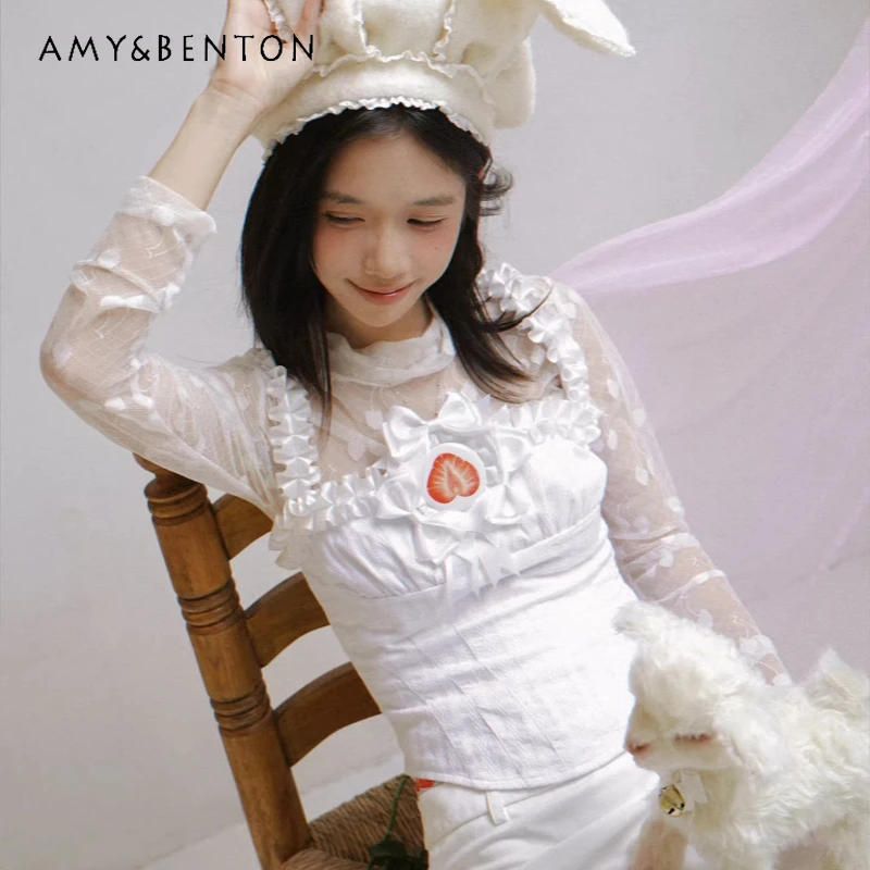 

2026 Spring New White Polka Dot Fruit Badge Women's Sling Japanese Design Cute Bow Y2k Sweet Versatile Sleeveless Vest Ladies