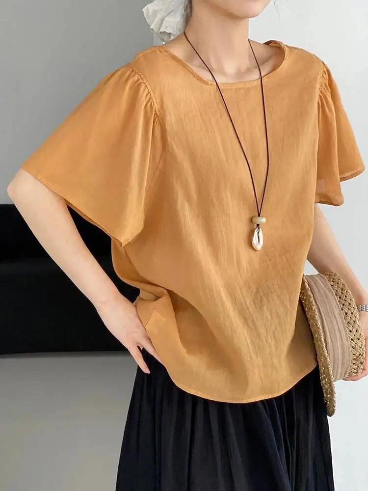 Women Orange Back Bandage Linen Big Size T-shirt New Round Neck Short Sleeve Fashion Tide Spring Summer