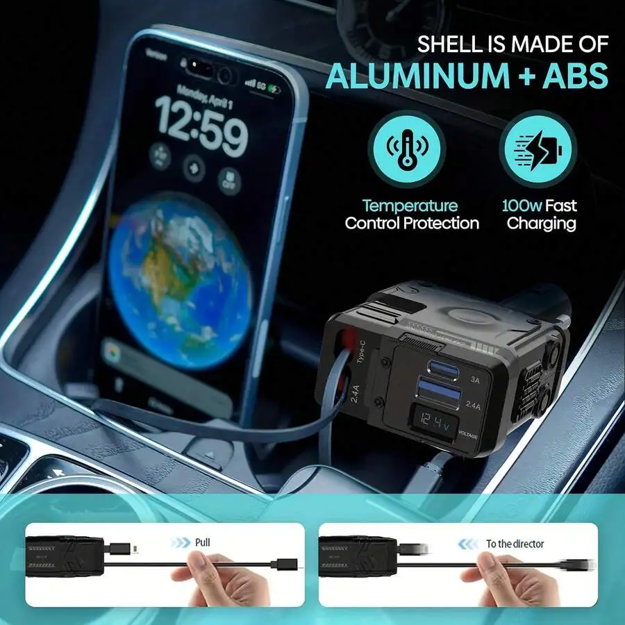

120W 4-Port Car Charger With Aluminum+ABS Shell, Auto-Retracting Cable, Digital Voltage Display & 360° Magnetic Mount For