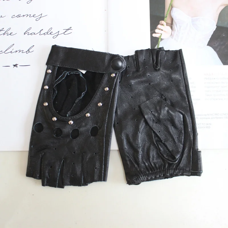 New Women's Sheepskin Half Finger Gloves Thin Style Unlined Rivet Style Colored Genuine Leather Driving Gloves
