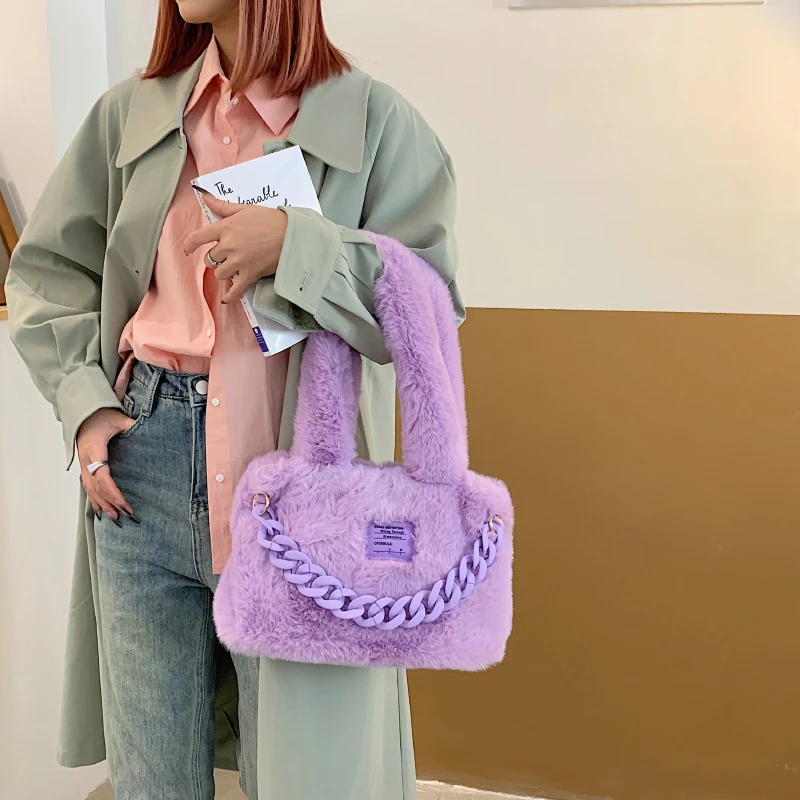 

Candy Color Plush Tote Bags For Women Winter Chain Fluffy Messenger Bag Furry Luxury Designer Handbag Y2K Faux Fur Shoulder Bag