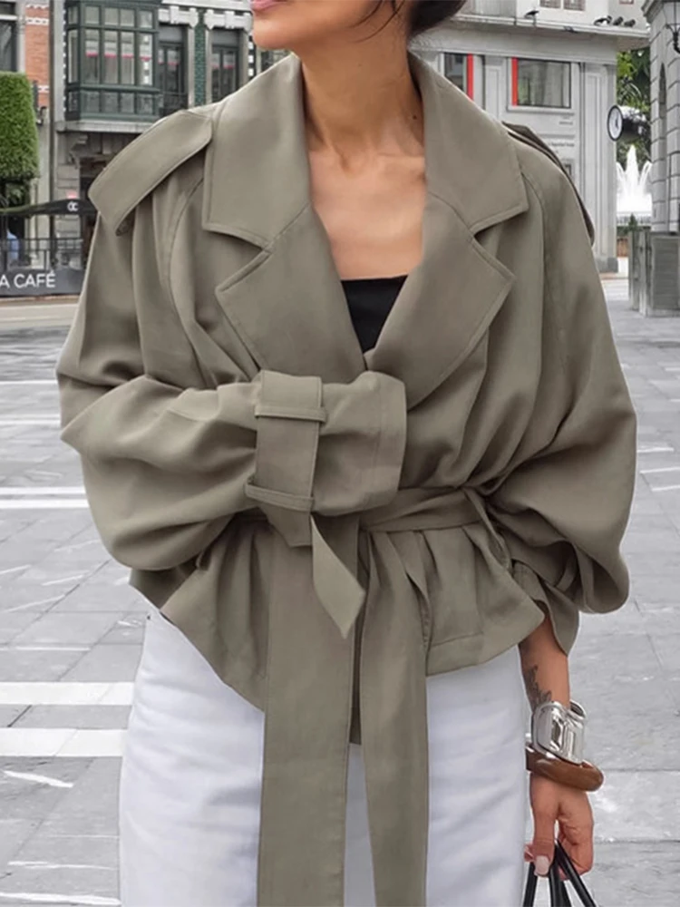 

Women Fashion Loose Solid Short Jackets Round Neck Maxi Sleeves Belt Coats 2025 New Autumn Daily Commuting Street Outerwear