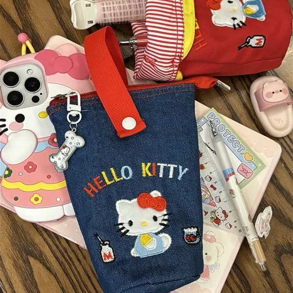 

Cute Hello Kitty Fabric Handbag Kt Cat Denim Pencil Case Cosmetic Storage Bag Large Capacity Female Students Stationery Handbag