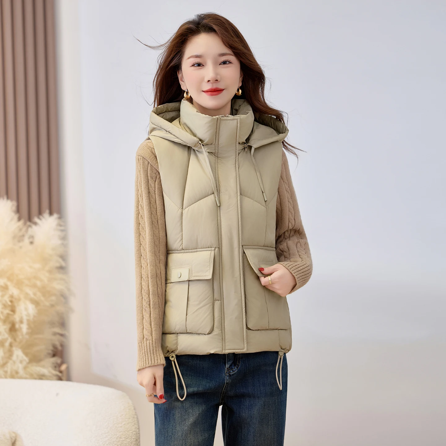 

Faionable ort Women's Cotton Vest 2025 Winter Thiened Commute Detachable Cap Jaet Outerwear Zipper Pure Color