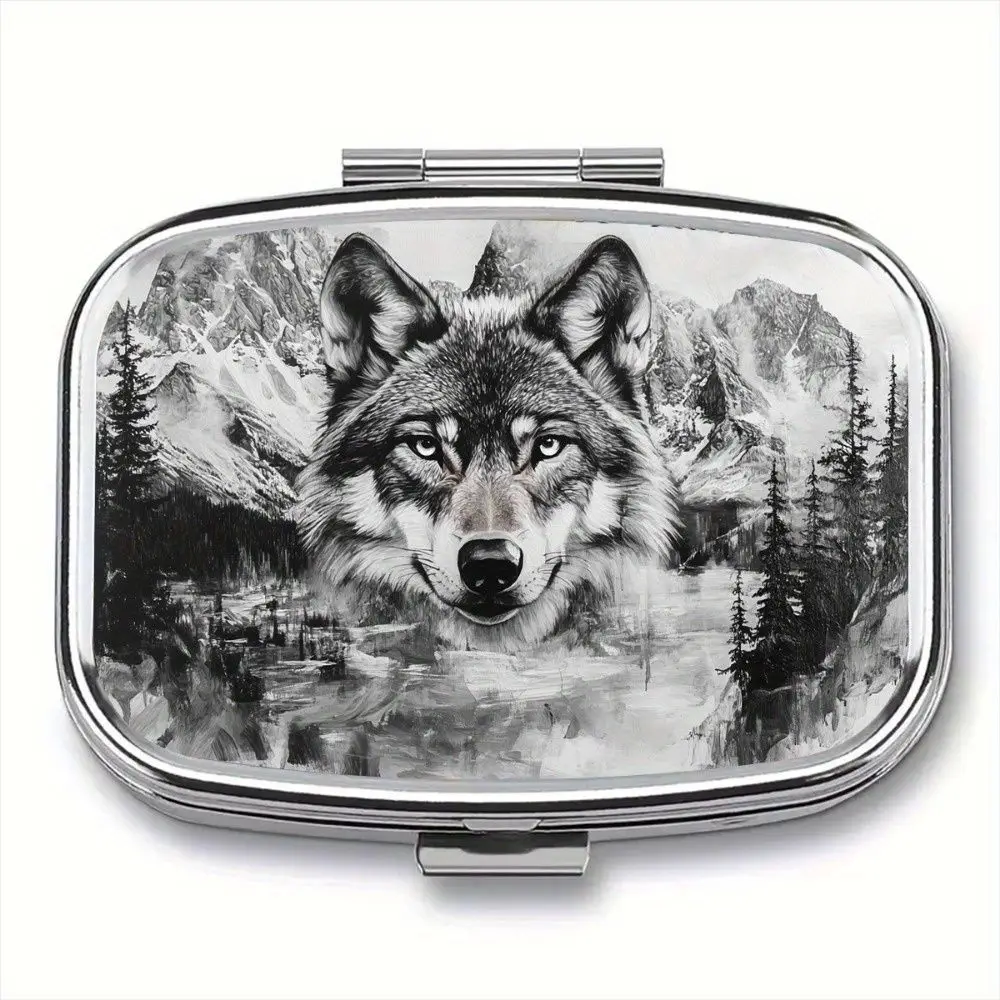 1PC Wolf Theme 2-Compartment Metal Pill Box, Portable Pocket Wallet Case, Ideal Gift