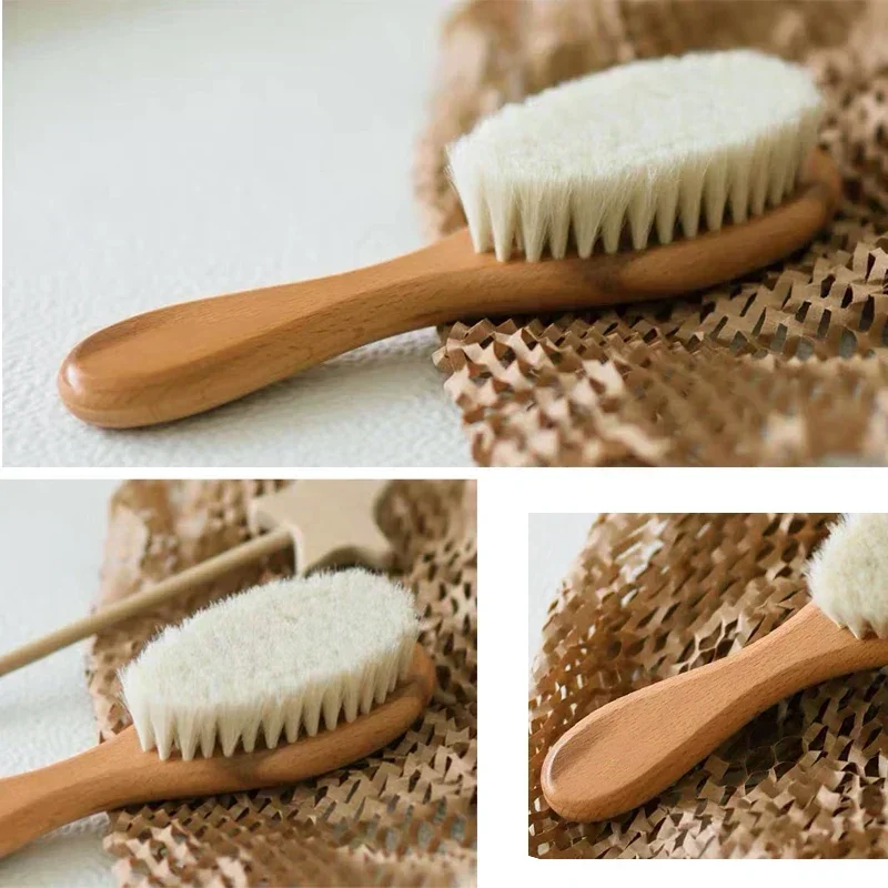 Brosse en bois pour nouveau-né, peigne en laine naturelle, masseur de tête pour bébé, brosse de bain portable pour enfants