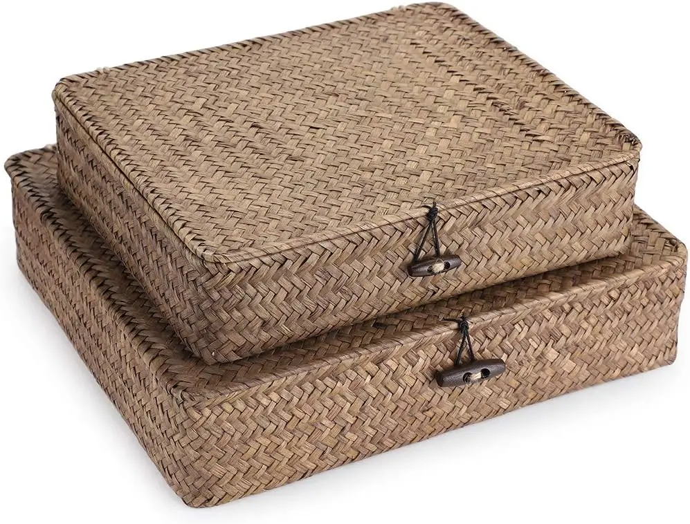 

Natural Seagrass Storage Bins with Lids, Set of 2 Woven Wicker Boxes for Home Organization and Shelf Decor