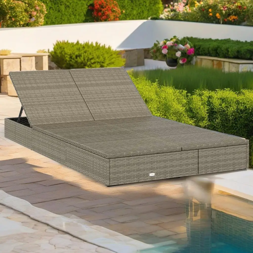 

Gray Poly Rattan 2-Person Sunbed with Cushions - Outdoor Lounge Chair
