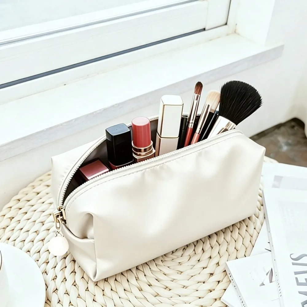 Portable Makeup Bag Solid Color Pearl Zipper Pull Design Cosmetic Storage Bag Simulated Silk Fabric Large Capacity