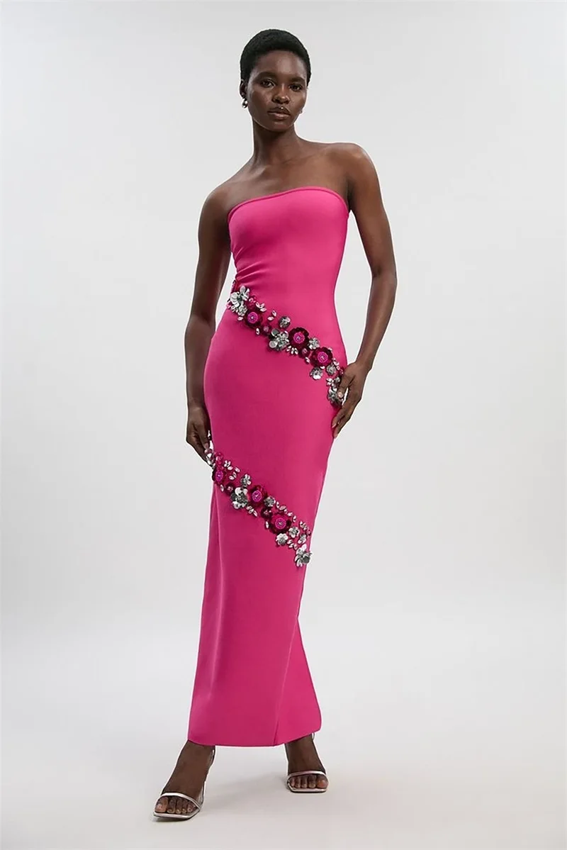 

Роскошное розовое платье для выпускного вечера с 3D цветком и бисером, сексуальное длинное платье без бретелек без рукавов для официальных свадебных гостей, осеннее вечернее платье