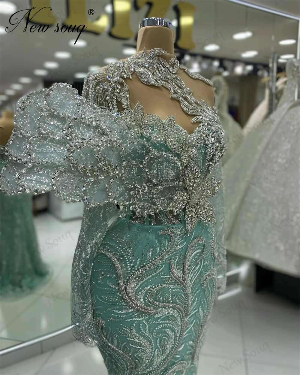 Vestidos Sereia com Cristais Brilhantes, Vestidos Elegantes com Cristais Brilhantes, Dubai, Verde Menta, Festa de Casamento, Árabe, 2022