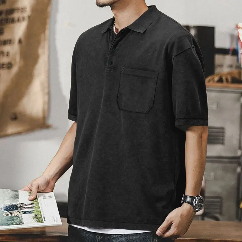 New summer men's retro water-washed polo shirt, casual and loose short-sleeved T-shirt with a pocket design on the chest.