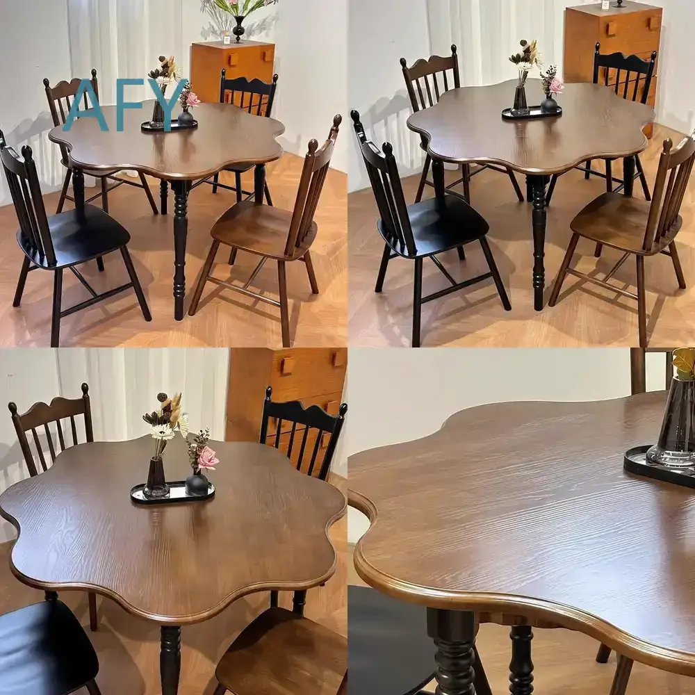 Vintage French Style Solid Wood Round Dining Table Set for Small Spaces Modern Mid Century Petal Shape Dining Table for Home