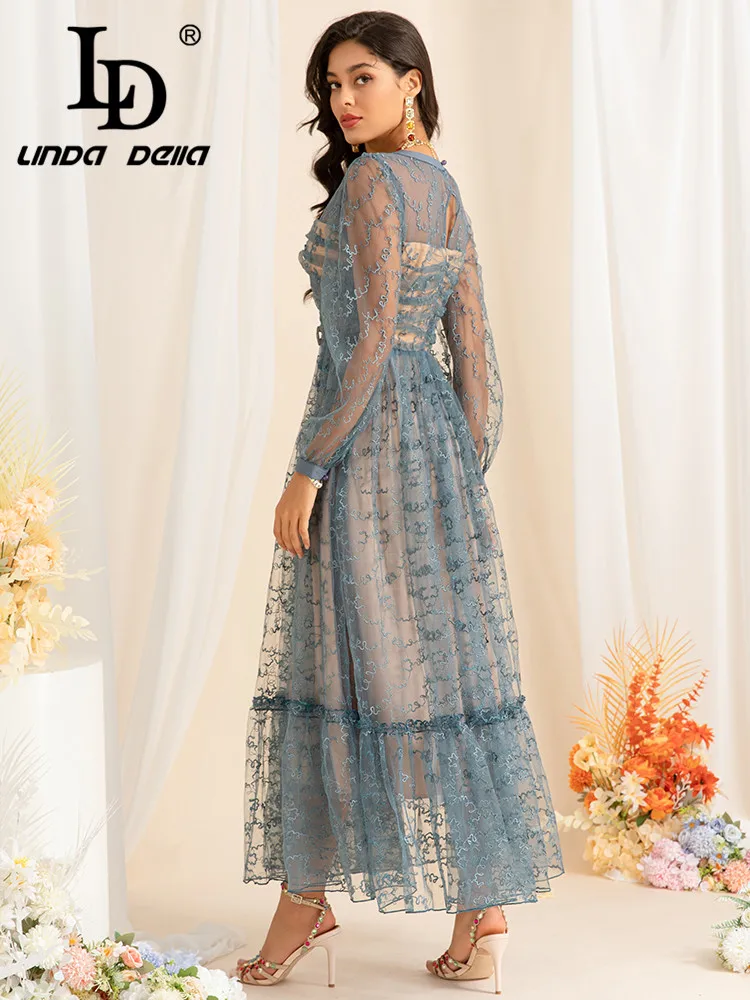 LD LINDA DELLA Sexy and Delicate Perspective Round Neck Mesh Splicing Printed Lantern Sleeves Bow Waisted Dress