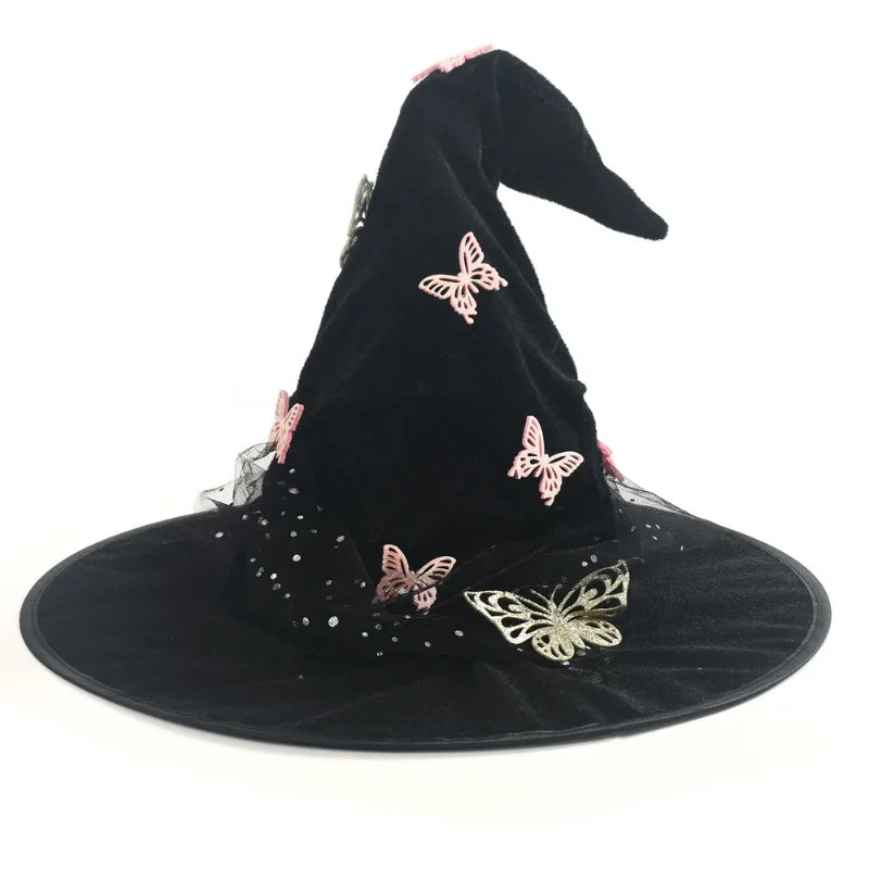 New Ruffled Witch Hat With Curved Horn Butterfly Tulle Decor European American Halloween Party Headwear