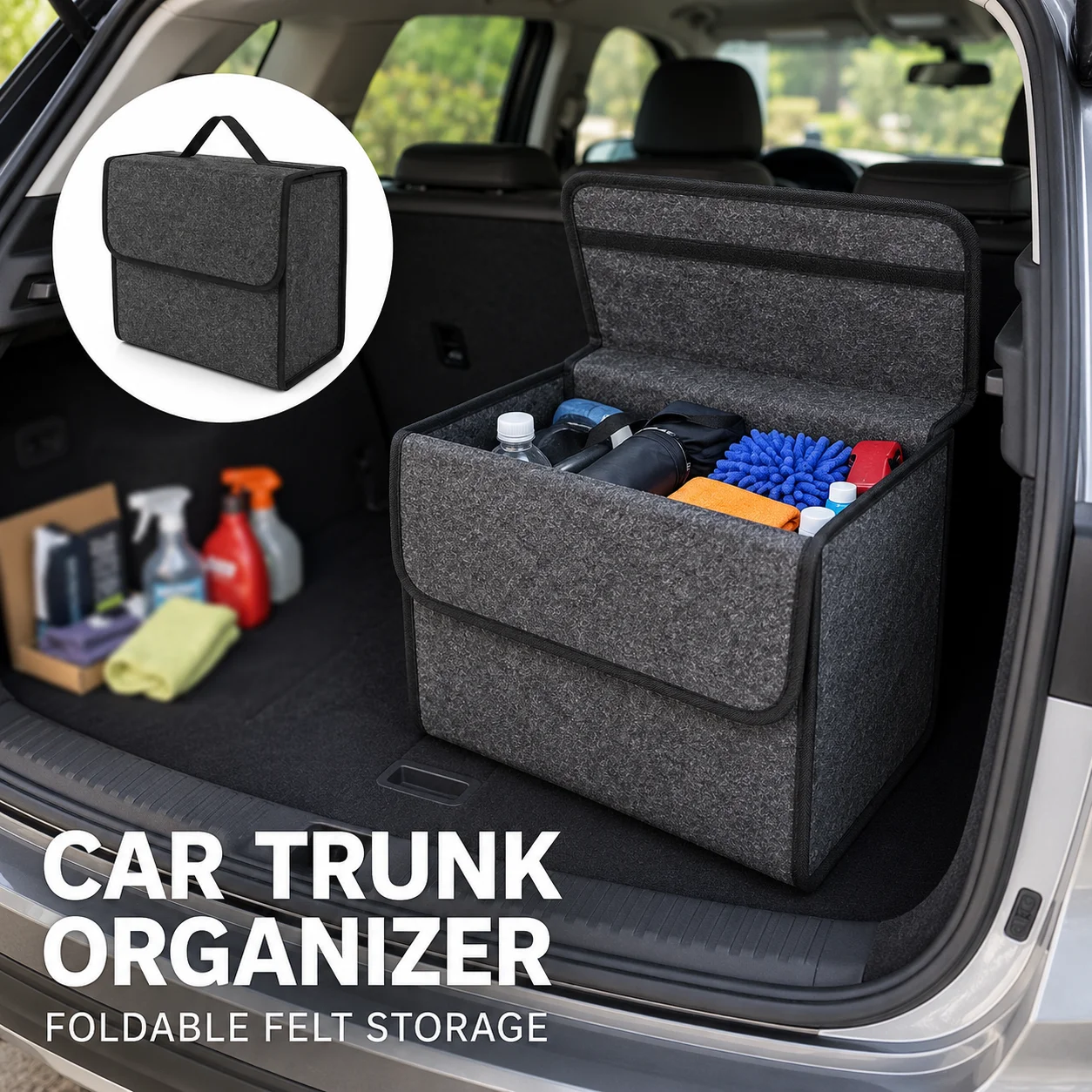 Large Car Trunk Storage Organizer Box Soft Felt Boot Bag with Multiple Compartments Anti-Slip Foldable Auto Interior Accessory