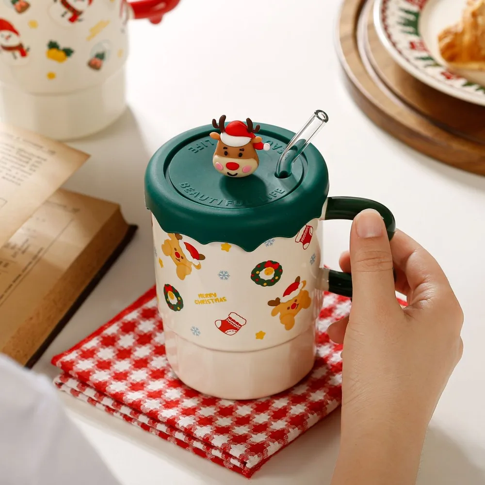 كوب هدية عيد الميلاد اللطيف مع غطاء، ملعقة، مستوى مظهر عالي، كوب سيراميك الرنة سانتا كلوز كهدية