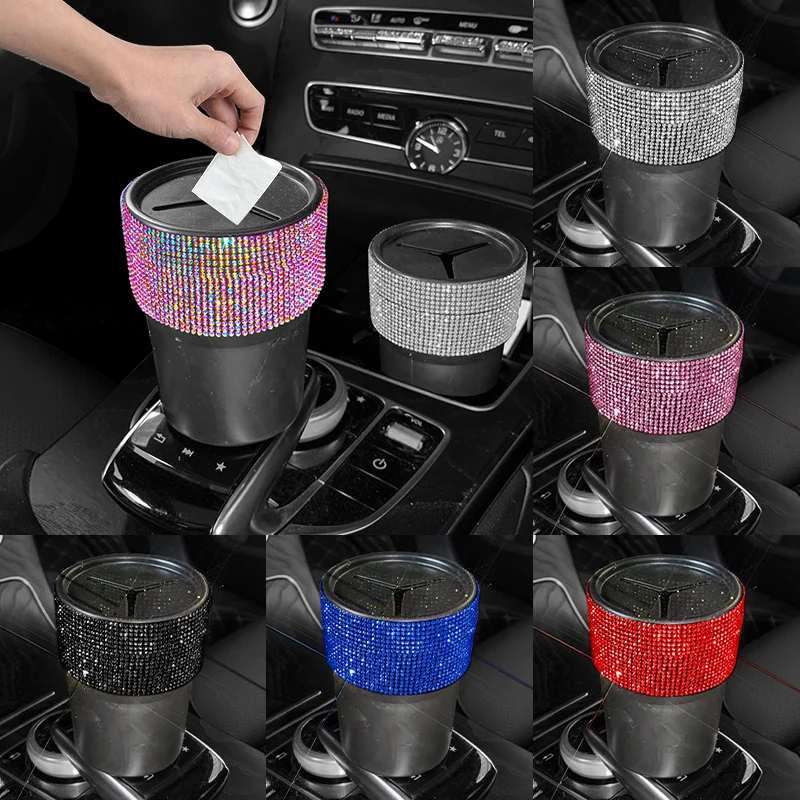 Crystal Car Trash Can with Lid Mini Auto Garbage Can Leakproof Vehicle Trash Bin Cup Holder Storage Sundries Car Accessories