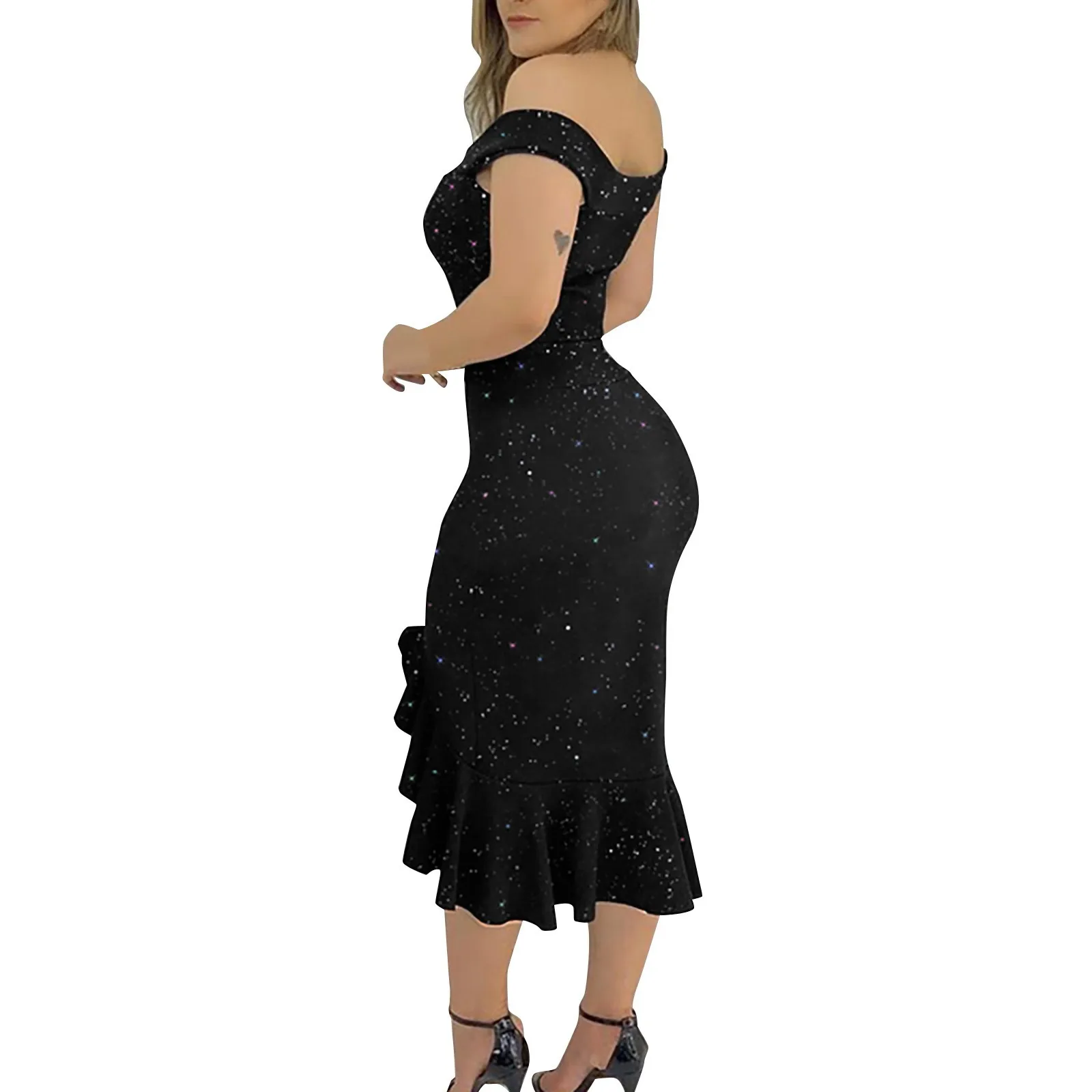 Women\'s Party Dress Sexy Off Shoulder Split Ruffle Solid Bodycon Knee-length Dress Fashion Glitter Party Elegant Dresses Vestido