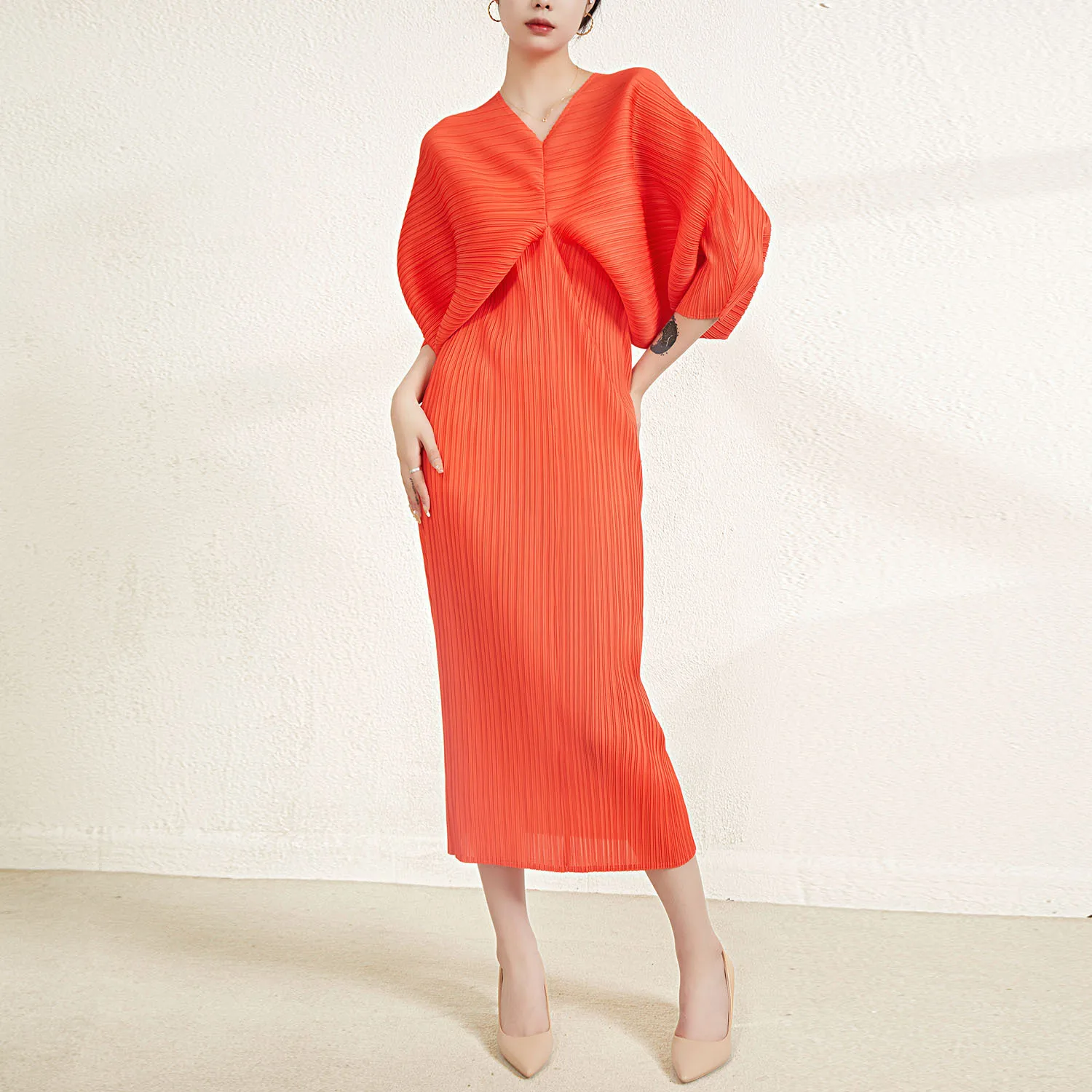 

High Quality Runway Designer Dress Women Elegant Vintage Batwing Sleeve V-neck Midi Summer Dresses 2023