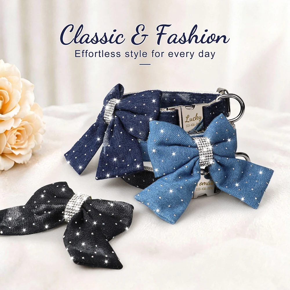 Customized Dog Collars Classic Denim Puppy Dog Necklace With Bling Bow Personalized Name Dog Collars For Small Medium Large Dogs