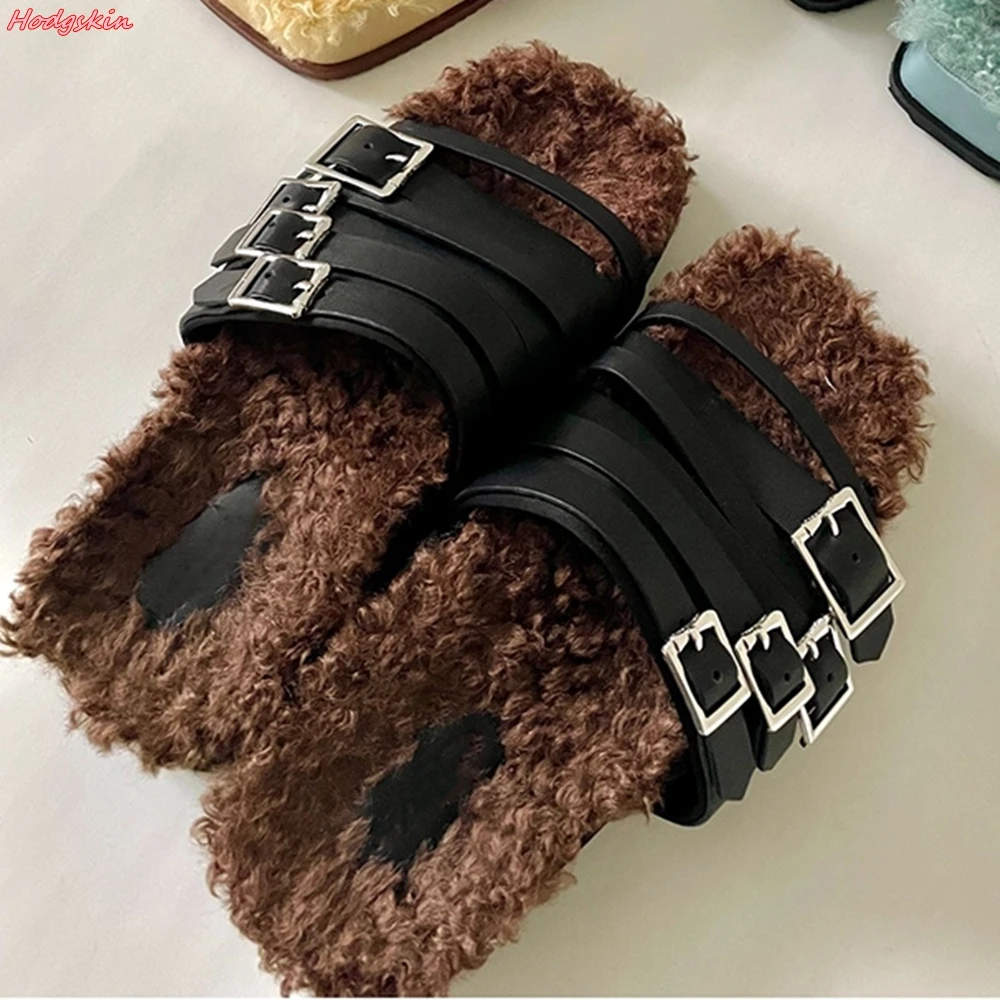 Design Belt Buckle Platform Thick-soled Slippers 2024 Autumn Straight Strap Style Open-toe Slip On Flat with Shoes New Arrivals