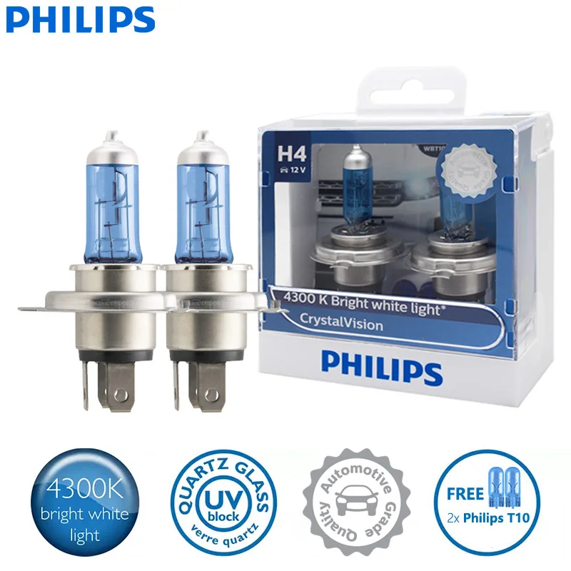 2X Philips H4 9003 12V 60/55W HB2 Crystal Vision 4300K White Light Halogen Headlight Car Bulbs with 2x T10 Blue Bulbs 12342CVSM