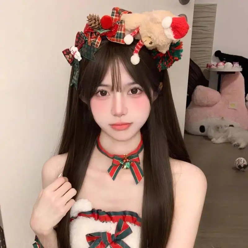 

Cartoon Christmas Headband Fluffy Plush Bear Children Headwear Plush Teddy Bear Headbands Red Bowknot Party Dress Up Hair Band