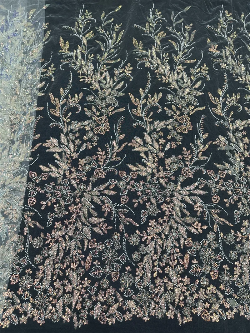 Nigerian Beaded Lace Fabric Luxury Dubai Tulle Embroidery Lace Fabric for Evening Dress Bridal Fabrics RJW-1295