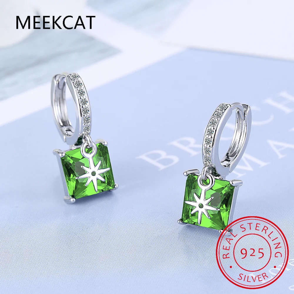 Princess Cut Green Simulated Nano Emerald 925 Sterling Silver Square Hoop Earring for Women Statement Gemstone Jewelry Huggies