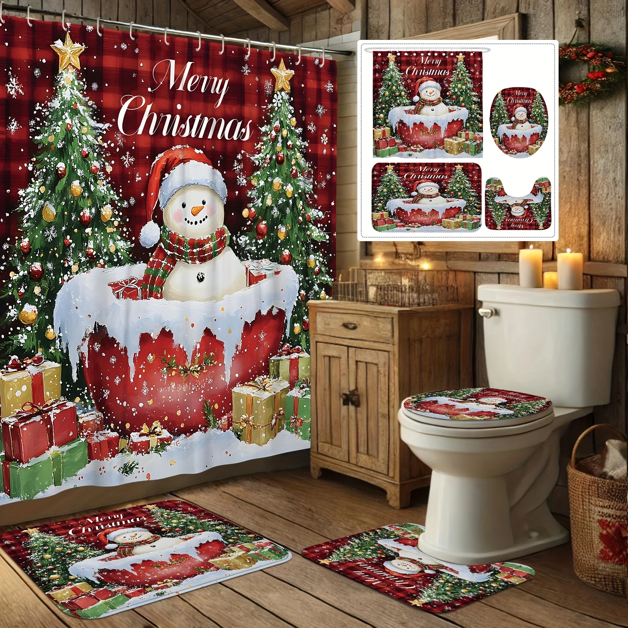 4Pcs Christmas Snowman Tree Santa Hat Shower Curtain Set, Cute White Red Washable Decor with 12 Hooks, Non-slip Mat