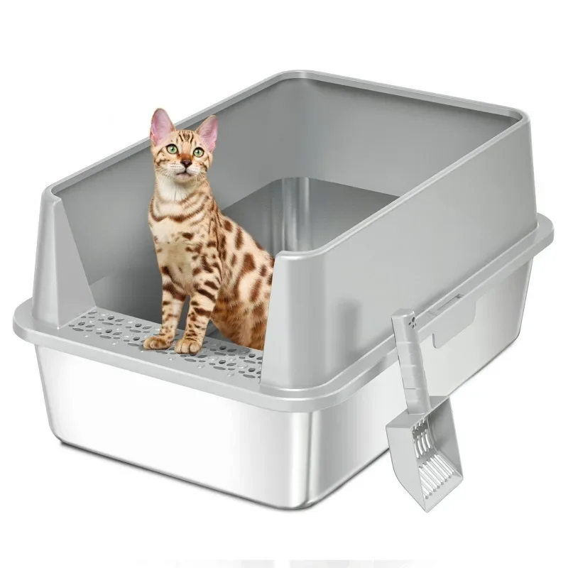 Extra-Large Stainless Steel and Plastic Cat Litter Box with High Sides, Easy Clean,Non-Stick & Leak-Proof for Large To Small Cat