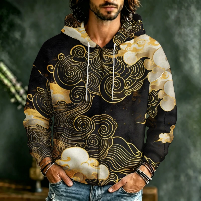 Men Zip Hooded Sweatshirt 3D Oriental Floral Cloud Graphic Drawstring Fashion Daily Outer Garment For Male