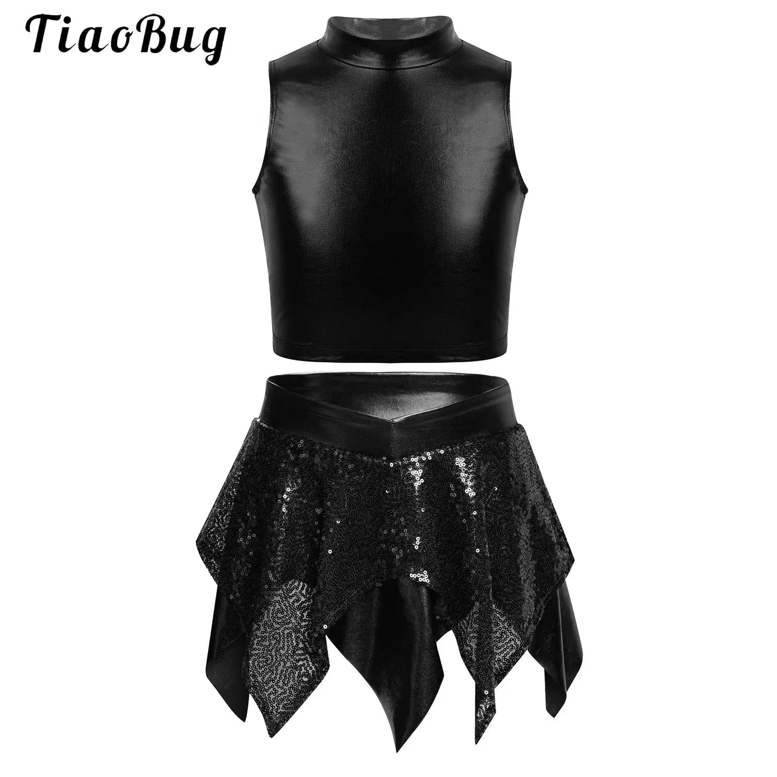 Kids Girls 2pcs Jazz Dance Outfits Mock Neck Shiny Metallic Tank Tops Vest with Sequins Asymmetric Skirt Set