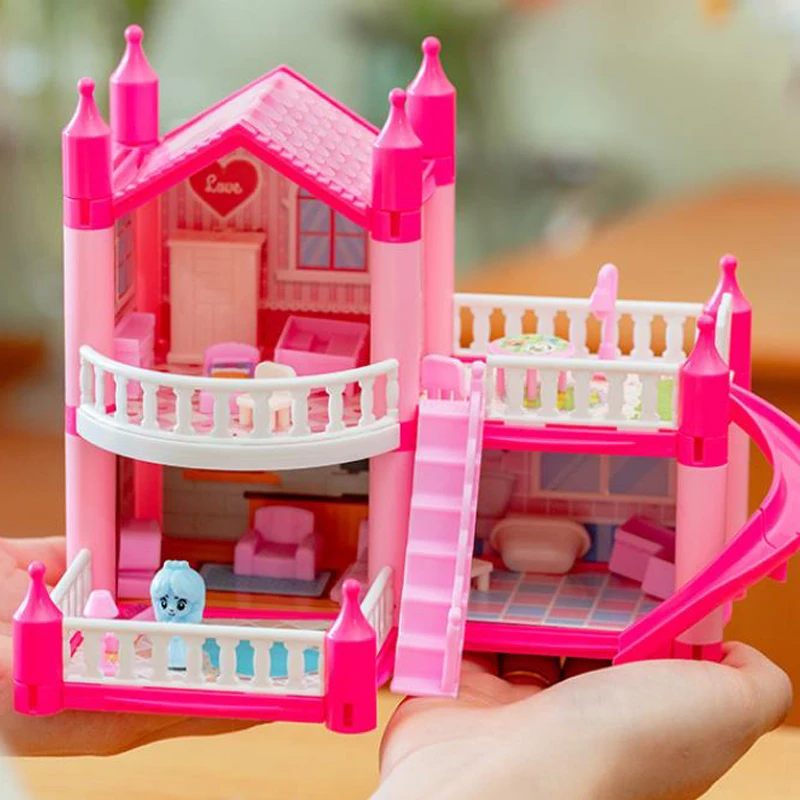 1/12 castelo casa de boneca dreamhome, casa de princesa diy, brinquedos de menina, conjunto de casa de bonecas de sonho de simulação brinquedos de menina rosa