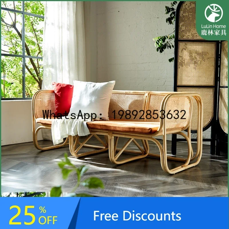 Rattan Woven Sofa Nordic Modern Home Three-Seater Combination Simple Solid Wood Living Room Balcony Leisure Chair