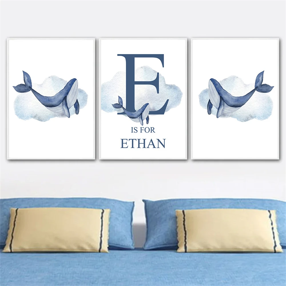 

Cartoon Blue Cloud Whale Custom Name Wall Art Canvas Painting Nursery Posters And Prints Nordic Wall Pictures Kids Room Decor