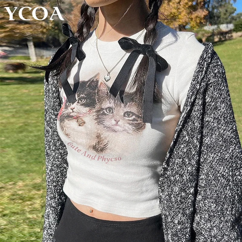 Women Tshirt Crop Top Cat Short Sleeve Summer Sexy Kawaii Harajuku Korean Fashion Y2k Streetwear Tees Vintage Aesthetic Clothing