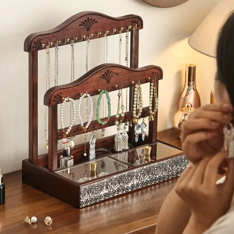 Solid Wood Jewelry Storage Shelf Luxury Bracelet Display Organizer Large Capacity Necklace Stand Women's Bangle Earring Holder