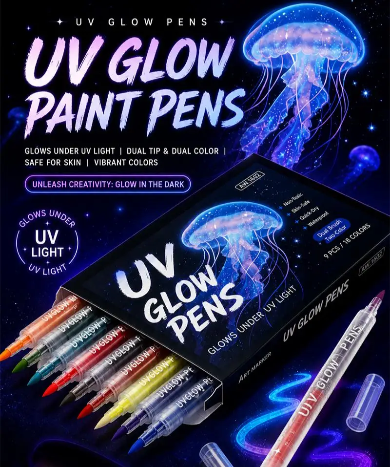 12-18 Farben UV-Doppelspitzen-Leuchtmarker Schwarzlicht-Reaktive Stifte Ungiftige Abwaschbare Körperkunst DIY-Handwerk Fluoreszierende Textmarker – Detail 1
