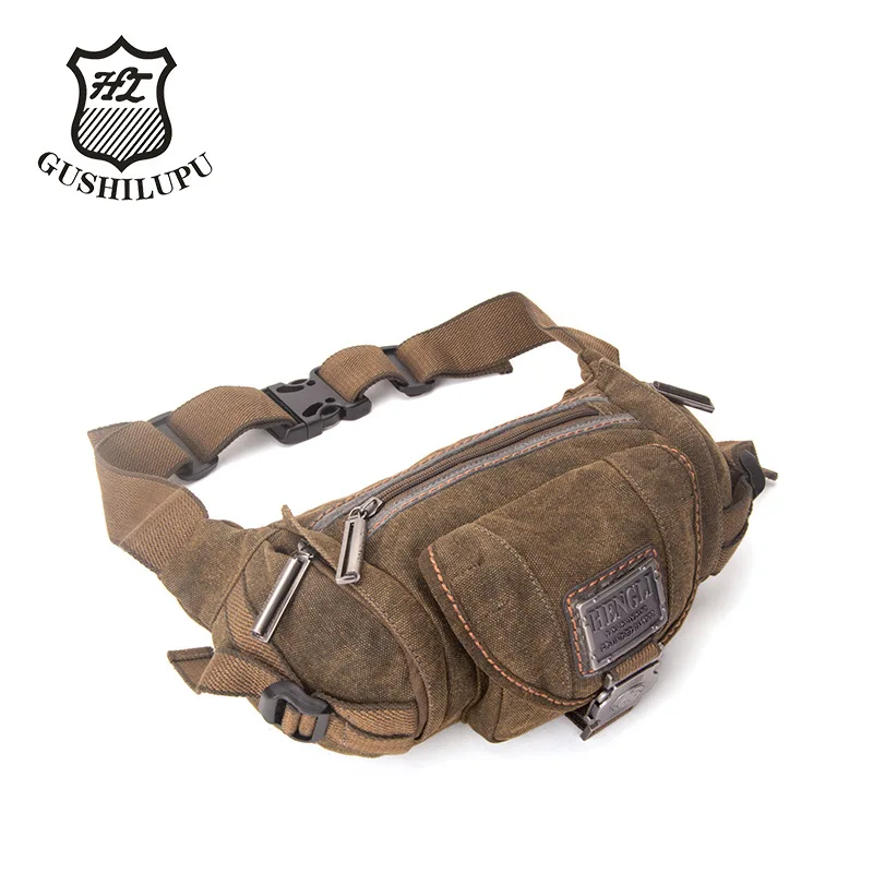 

Thickened canvas multi-pocket spliced men's waist bag, retro lock buckle sturdy crossbody bag for women